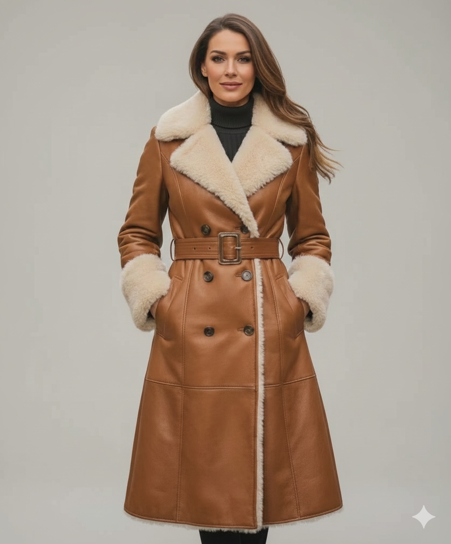 Women's caramel leather trench coat with cream shearling-lined collar and cuffs.